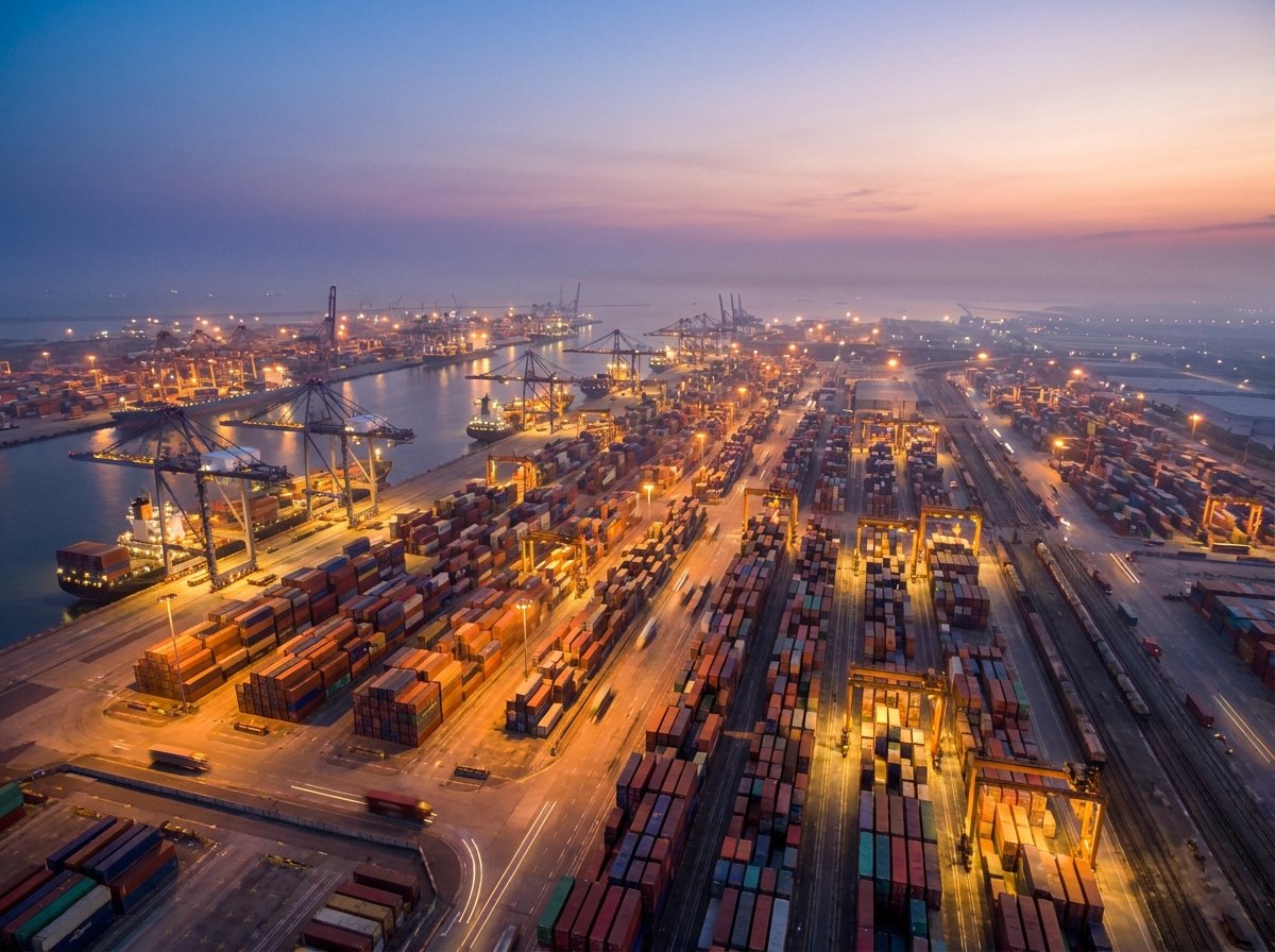 Aerial view of an international port logistics hub at dusk suggesting global trade coverage